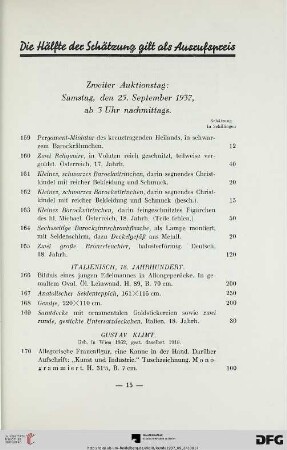 Zweiter Auktionstag: Samstag, den 25. September 1937, ab 3 Uhr nachmittags (Nr. 159-317)