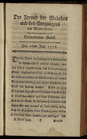 Neunzehntes Stück. Den 16ten July 1773.