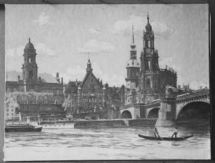 Dresden: Blick vom rechten Elbufer auf ehem. Ständehaus, Georgentor, Schloßturm, Katholische Hofkirche und Augustusbrücke
