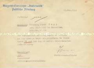 Aktennotiz über die Einlieferung eines Häftlings ins KZ Buchenwald (Fälschung)