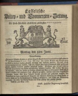23. Stueck, Montag den 8ten Junii 1767