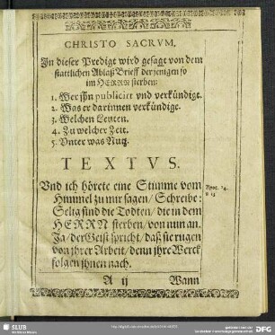 Leichenpredigt : Christo Sacrum. Textus. Vom Ersten. Vom andern. Vom Dritten. Vom vierdten. Vom Fünfften. Usus