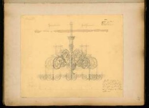 Gaskronleuchter Monatskonkurrenz April 1868: Ansicht, Grundriss (Skizze); Maßstabsleiste, Erläuterungstext