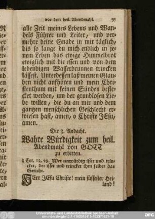 Die 3. Andacht. Wahre Würdigkeit zum heil. Abendmahl von Gott zu erbitten.
