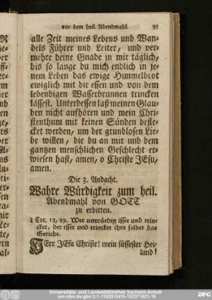 Die 3. Andacht. Wahre Würdigkeit zum heil. Abendmahl von Gott zu erbitten.