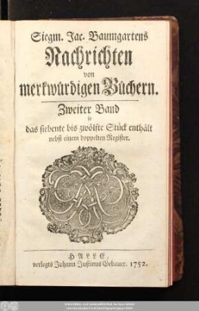 2.1752: Siegm. Jac. Baumgartens Nachrichten von merkwürdigen Büchern