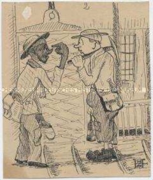Federzeichnung aus einer Serie über den Arbeitsalltag deutscher Kriegsgefangener in einem Bergwerk in Frankreich, Motiv: Zwei Bergarbeiter - Personenkonvolut