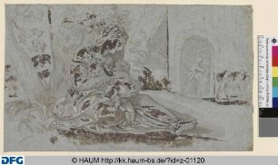 Maria, das Jesuskind stillend unter einem Baum, im Hintergrund der Stall mit Josef, Ochse und Esel