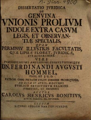 Dissertatio Jvridica De Genvina Vnionis Prolivm Indole Extra Casvm Legis, Et Observantiae Specialis