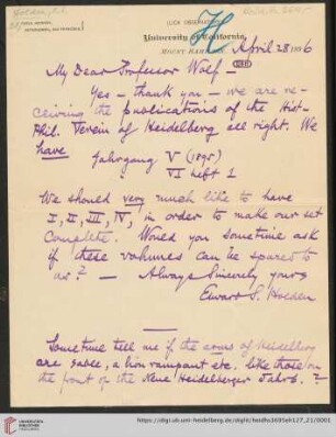Brief von Edward Singleton Holden an Max Wolf: Brief von Edward Singleton Holden von Lick Observatory an Max Wolf