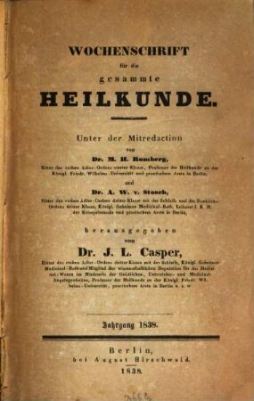 Wochenschrift für die gesammte Heilkunde. 1838