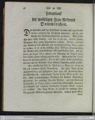 Lebenslauf der wolseligen Frau Rektorin Dommerichin