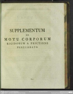 Supplementum De Motu Corporum Rigidorum A Frictione Perturbato