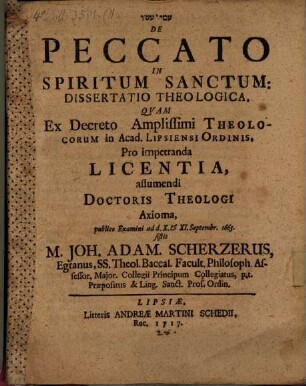 De Peccato In Spiritum Sanctum : Dissertatio Theologica