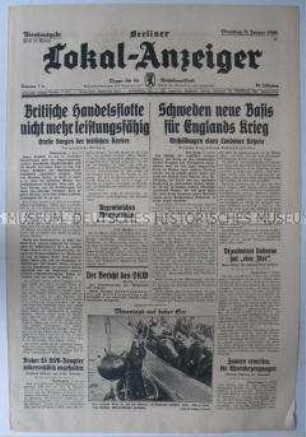 Tageszeitung "Berliner Lokal-Anzeiger" u.a. über Schweden als neue Basis für den englischen Kriegseinsatz