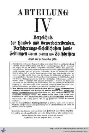 Abteilung IV. Verzeichnis der Handel- und Gewerbetreibenden, sowie andere Berufsarten. Versicherungsgesellschaften. Zeitungen und Zeitschriften.