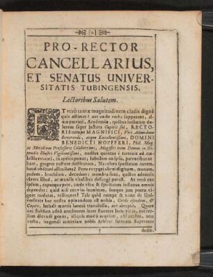 Pro-Rector Cancellarius, Et Senatus Universitatis Tubingensis ...