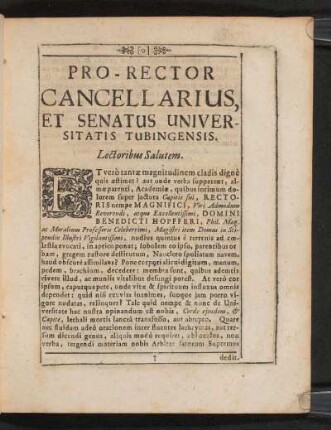 Pro-Rector Cancellarius, Et Senatus Universitatis Tubingensis ...