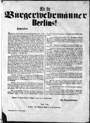 An die Bürgerwehrmänner Berlins! Kameraden! (Sammlung Friedlaender)