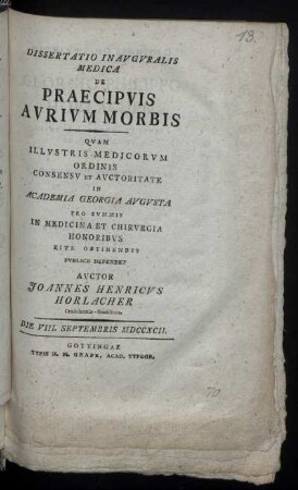 Dissertatio Inauguralis Medica De Praecipuis Aurium Morbis