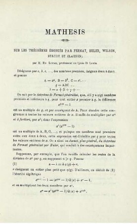 SUR LES THÉORÈMES ÉNOCÉS PAR FERMAT, EULER, WILSON, STAUDT ET CLAUSEN.