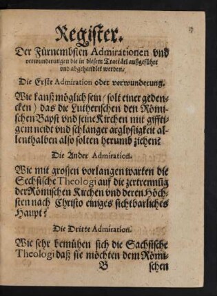 Register. Der Fürnembsten Admirationen und verwunderungen die in diesem Tractätl außgeführt und abgehandelt werden.