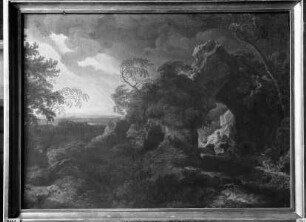 Stürmische Landschaft mit Fliehenden unter einem durchbrochenen Berg