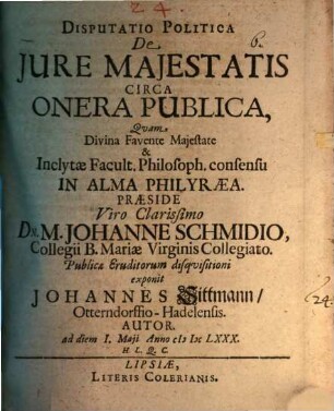 Disputatio Politica De Jure Maiestatis Circa Onera Publica