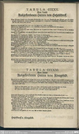 Tabula CCCXX. Von denen Ausgestorbenen Herren von Hetzelsdorff; Tabula CCCXXI. Von denen Ausgestorbenen Herren von Königsfeld