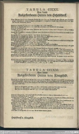 Tabula CCCXX. Von denen Ausgestorbenen Herren von Hetzelsdorff; Tabula CCCXXI. Von denen Ausgestorbenen Herren von Königsfeld