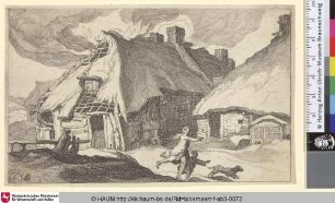 [Burning House; Aus einem brennenden Bauernhaus fliehende Frau mit Kind und Hund]