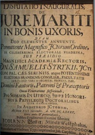 Disputatio Inauguralis, De Jure Mariti In Bonis Uxoris