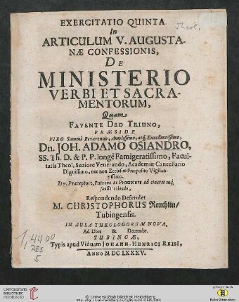 Band 5: Exercitatio Theologica ... In Articulum Augustanae Confessionis: De Ministerio Verbi Et Sacramentorum