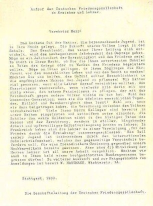 Werbeblatt bzw. Aufruf der Deutschen Friedensgesellschaft an Erzieher und Lehrer