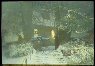Langenhennersdorf Kirche : Langenhennersdorf, Dorfkirche. Treppenaufgang zur Kirche bei Dunkelheit. Winteraufnahme