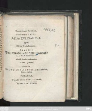 Conclusionum Forensium Exercitatio XXVIII. Ad Lib. XVI. Digest. Tit. I.