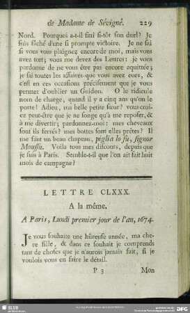 Lettre CLXXX. A la même. A Paris, Lundi premier jour de l`an, 1673