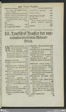 III. Teutsches Register der vornehmsten übersetzten Redens-Arten