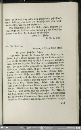 August Wilhelm von Schlegel an Christian Lassen, London, 12.03.1832