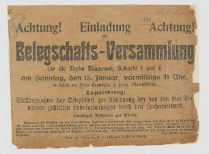 "Einladung zur Belegschafts-Versammlung für die Zeche Shamrock, Schacht I und II"