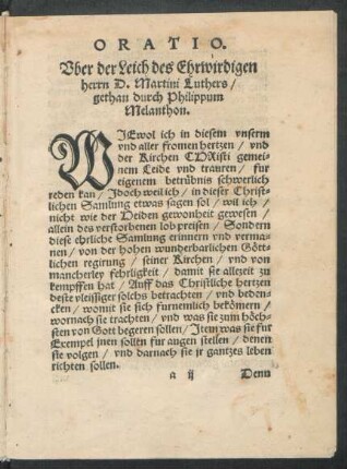 Oratio. Uber der Leich des Ehrwirdigen herrn D. Martini Luthers/ gethan durch Philippum Melanthon.