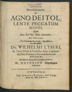 Diaskepsis Oraculi Johannaei, de Agno Dei Tollente Peccatum Mundi