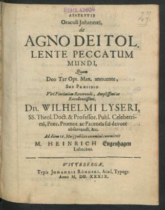 Diaskepsis Oraculi Johannaei, de Agno Dei Tollente Peccatum Mundi