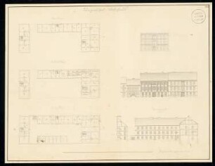 Bürgerliches Wohnhaus Monatskonkurrenz April 1832: Grundriss Erdgeschoss, 1. und 2. Obergeschoss, Aufriss Straßenansicht, Hofseite des Längstraktes mit Querschnitt von Haupthaus und Gartenhaus, Hofseite des Gartenhauses; Maßstabsleiste