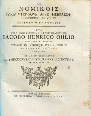 De Nomikois Ivris Vtrivsqve Apvd Hebraeos Doctoribvs Privatis, Meditatio Epistolica
