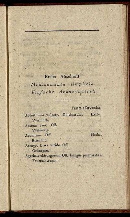 Erster Abschnitt. Medicamenta simplicia. Einfache Arzneymittel.
