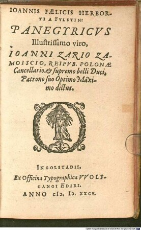 Panegyricus illustrissimo viro, Joanni Zario Zamoiscio