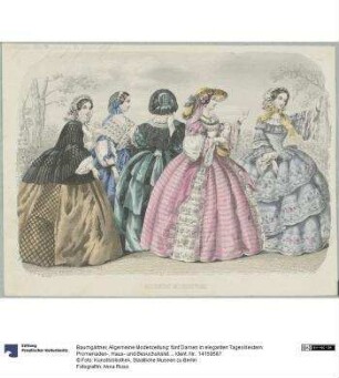 Allgemeine Modenzeitung: fünf Damen in eleganten Tageskleidern: Promenaden-, Haus- und Besuchstoiletten