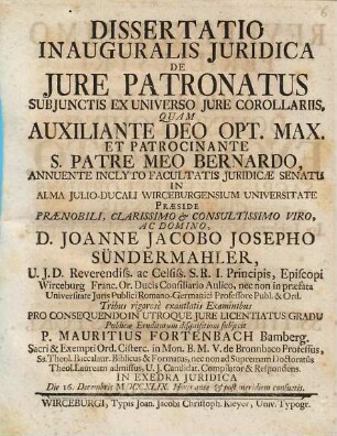 Dissertatio Inauguralis Juridica De Jure Patronatus : Subjunctis Ex Universo Jure Corollariis