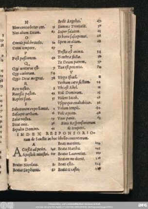 Index Responsoriorum, de Sanctis in hoc libello contentorum.
